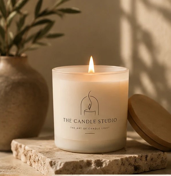 A lit Candle Studio candle in a frosted glass jar beside its oak lid, on a travertine stone